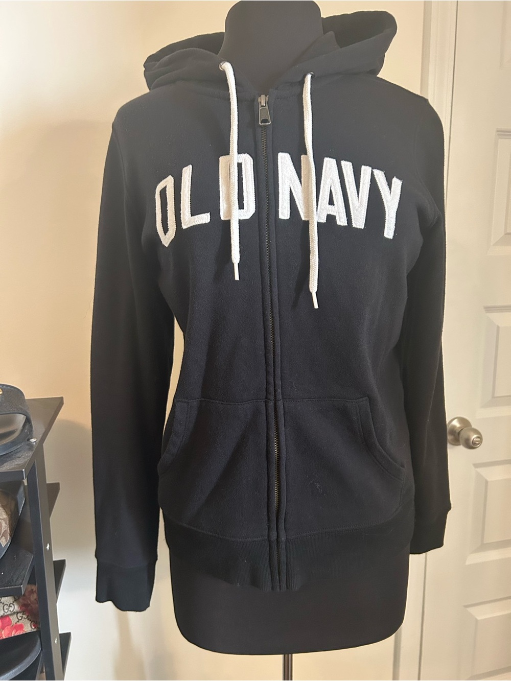 Old Navy Black Sz M Full-Zip Hoodie with White Logo and Drawstrings